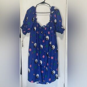 LaLa Blue Yin-Yang & Smiley Print Peasant Dress